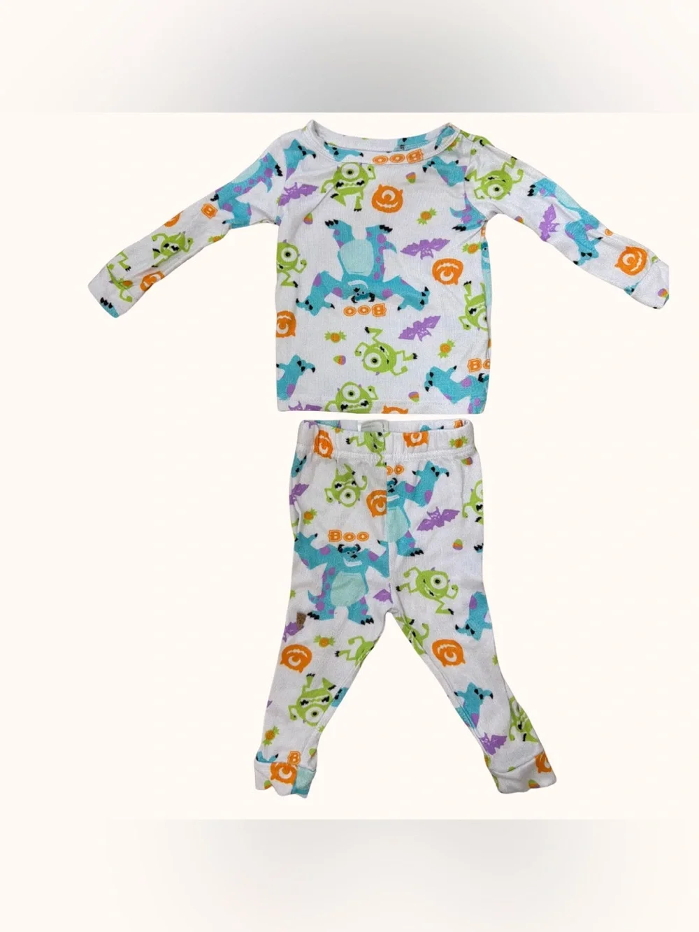 Disney White Monster Print Pajama Set with Blue, Green, Purple, Orange Accents